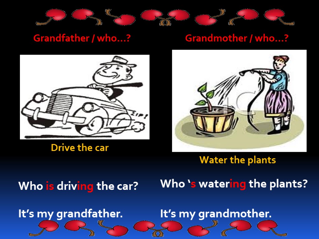 Grandfather / who…? Who is driving the car? It’s my grandfather. Grandmother / who…?